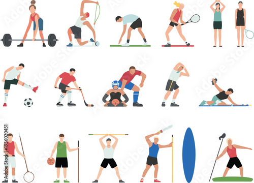 Flat Vector Illustration Set of Diverse Athletes Practicing Various Sports Including Tennis Soccer Hockey Weightlifting Basketball and Surfing for Healthy Lifestyle and Fitness Concepts