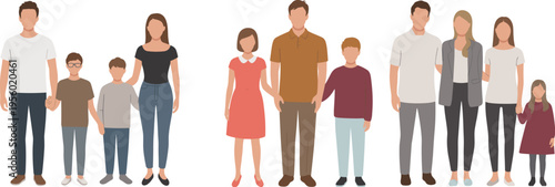 Flat vector illustration set of diverse happy families with parents and children standing together holding hands isolated on white background for lifestyle concepts.