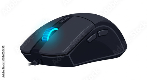 A sleek black computer gaming mouse with a glowing blue scroll wheel and side buttons, isolated on a white background.