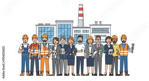 Flat 2D illustration of diverse labor union workers and business professionals standing together in front of a factory, concept of industry and teamwork.