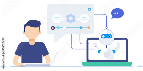 Man interacting with a robot through a digital interface and laptop