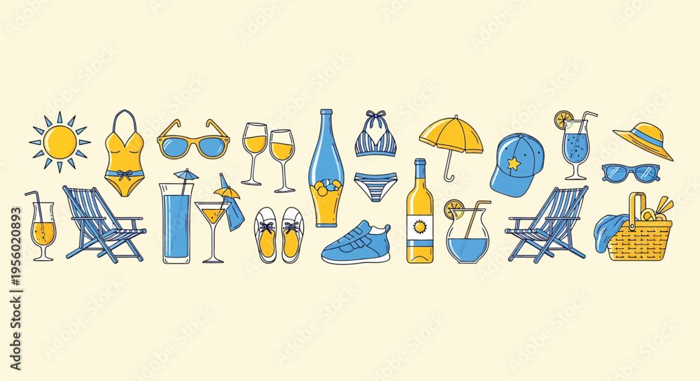 Fototapeta premium Summer vacation icons set, beach accessories and drinks, vector illustration collection of summer holiday items like swimsuit, sunglasses, beach chair, hat, cocktail, wine, and picnic basket