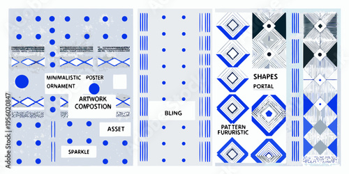 Abstract geometric patterns and text elements in blue and white