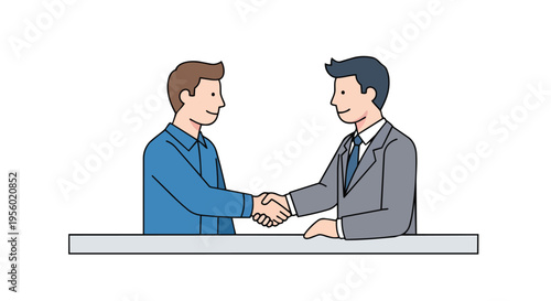 Flat 2D illustration of two businessmen shaking hands over a desk in a labor union concept with a clean white background.