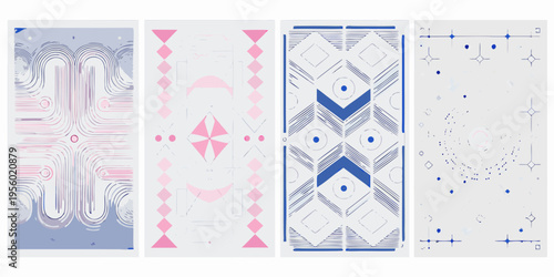 Four abstract geometric patterns in pastel and blue tones displayed vertically