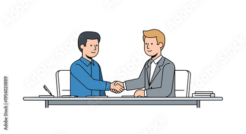 Flat 2D illustration of two businessmen shaking hands over a desk in a labor union concept setting with a clean white background.