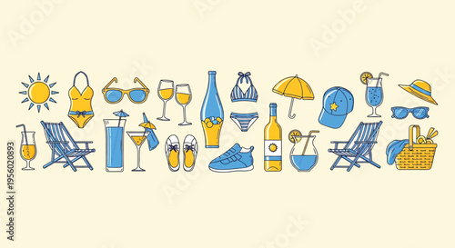 Summer vacation icons set, beach accessories and drinks, vector illustration collection of summer holiday items like swimsuit, sunglasses, beach chair, hat, cocktail, wine, and picnic basket