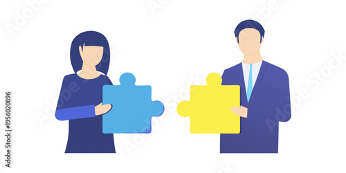 Business professionals connecting puzzle pieces symbolizing collaboration and teamwork