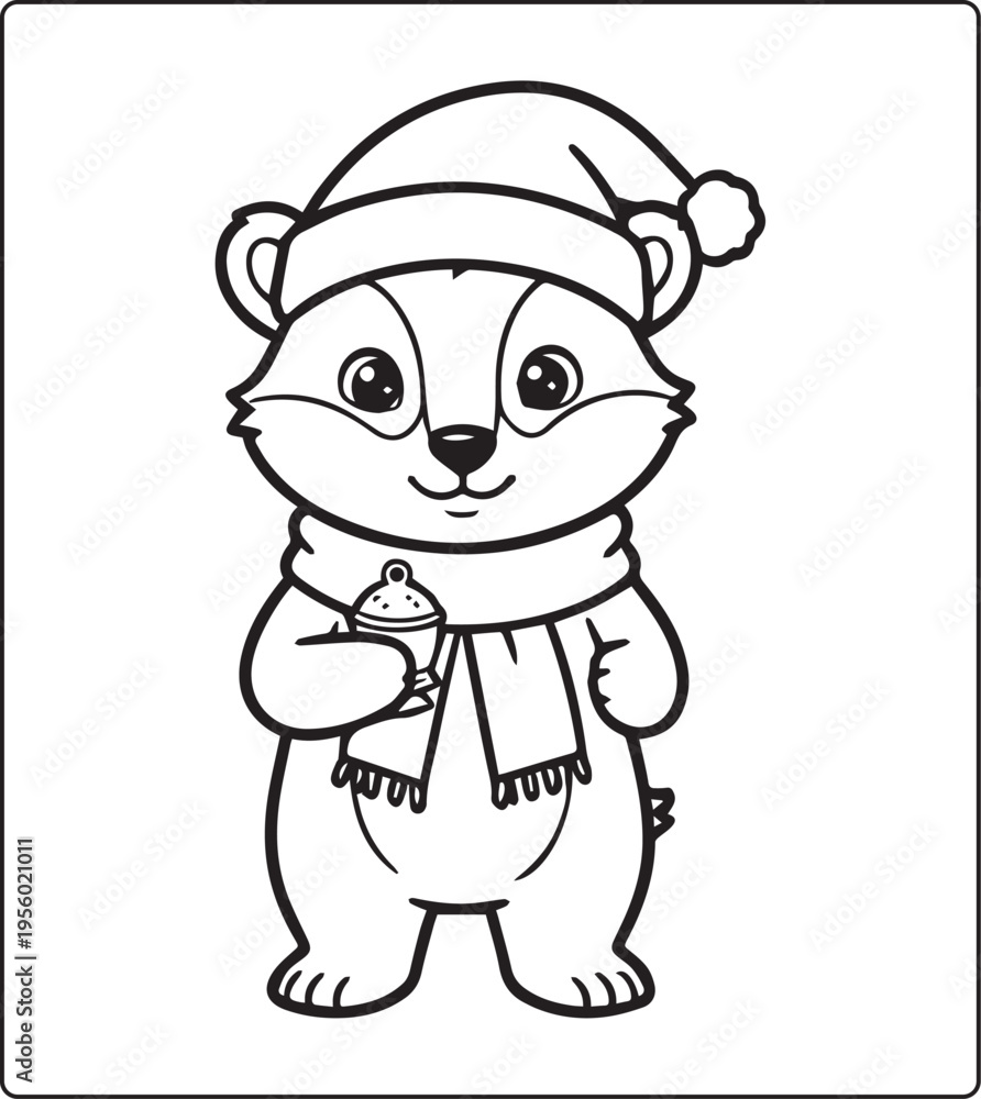 Obraz premium Cute animal wearing christmas costume in winter scene black line art vector illustration activity coloring page for kids happiness and relaxing