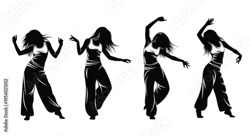 Set of silhouettes of a dancing girl in a tank top and loose pants