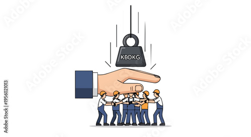 A large hand holds a weight labeled '100KG' over a group of small workers in blue uniforms, standing in a line on a flat 2D background, conveying a concept of labor and union.