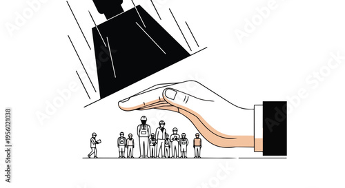 Flat 2D illustration of a large hand protecting a group of small people from rain under a concept of labor union.