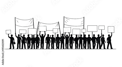 A group of people in silhouette holding signs and flags in a flat 2D labor union concept illustration.