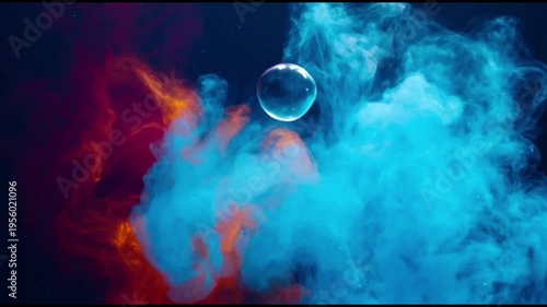 Vibrant abstract ink clouds in vibrant red orange and blue colors swirling and mixing in dark water with rising bubbles