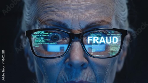 Elderly woman's intense gaze reflected in glasses showing digital fraud data cybersecurity concept dark background blue