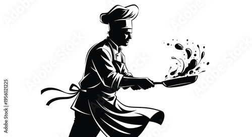 Silhouette of a professional chef cooking with a frying pan, dynamic motion of food being tossed, culinary arts and restaurant kitchen concept