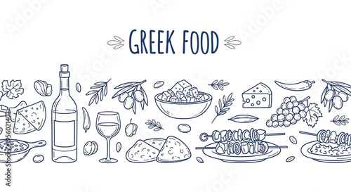 Hand drawn greek food set vector illustration of traditional mediterranean cuisine, wine, olives, cheese, souvlaki, pita bread, grapes, and herbs