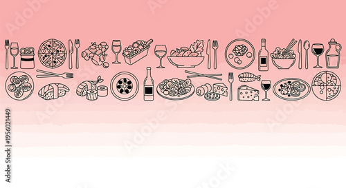 Seamless pattern with food and drink icons hand drawn vector illustration of pizza, sushi, salad, cheese, wine and cutlery on a pink watercolor background