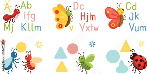 Alphabet learning with cute insects set including ants butterflies and ladybug for kids education colorful cartoon vector illustration collection