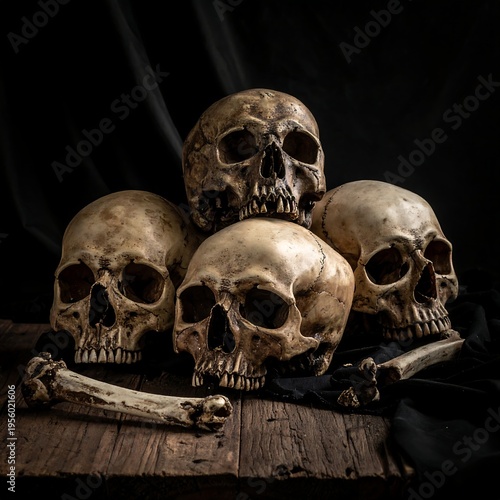 Still life of human skulls and bone on a wooden surface