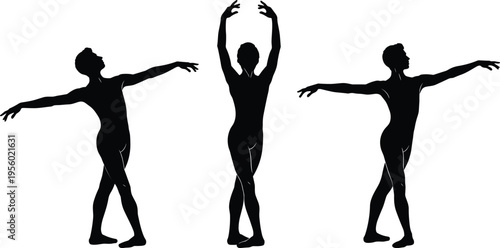 Ballet dancer silhouettes collection in graceful poses isolated on white background, classical dance movements, elegance, performance art, and body flexibility concept