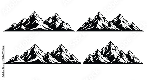 Set of mountain silhouettes, vector illustration of mountain ranges, black and white landscape icons for logo, emblem, or outdoor adventure design