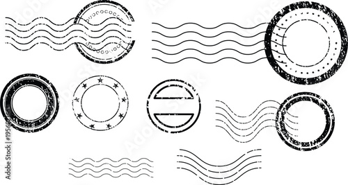 Set of vintage rubber stamp seals and wavy lines on white background
