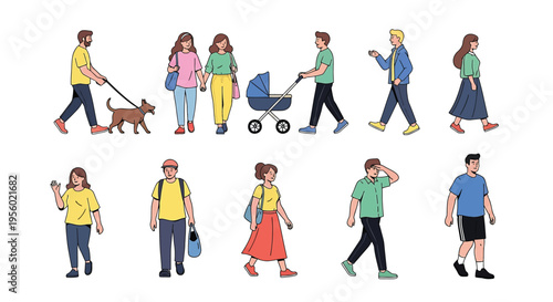 Set of diverse people walking, including a man with a dog, a couple holding hands, a parent with a stroller, and various individuals in casual clothing