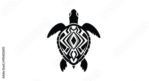 Tribal sea turtle tattoo design, black and white vector illustration of a marine turtle with intricate geometric patterns on its shell, stylized aquatic animal graphic