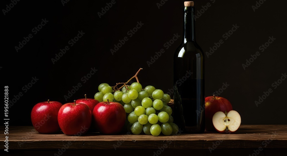 Obraz premium Classic dark still life featuring ripe red apples, bunches of green grapes, and a tall glass bottle of wine on a rustic wooden table ,healthy ,bottle ,gourmet