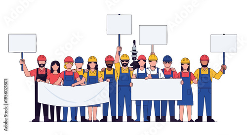 Flat 2D illustration of a diverse labor union group holding concept signs and a banner in a graphic, modern style against a clean white background.
