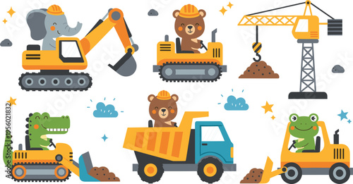 Cute animal construction vehicles set with bear elephant frog crocodile operating excavator crane and dump truck cartoon vector illustration collection