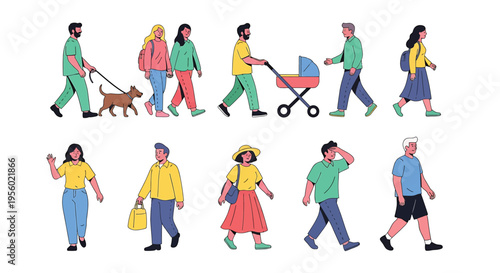 Set of diverse people walking, including a man with a dog, a couple with a baby stroller, and various individuals in casual clothing