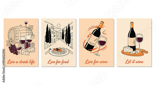 Set of four wine and food posters with illustrations of wine bottles, glasses, cheese, grapes, and italian landscape, handdrawn style vector art for restaurant or kitchen decor