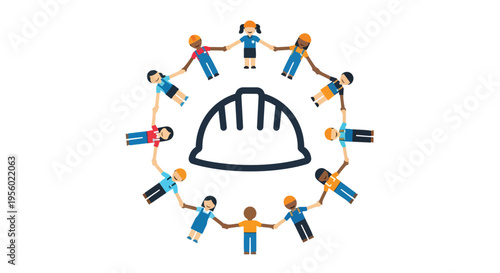 Flat 2D illustration of diverse people holding hands in a circle around a hard hat, representing labor union concept with a graphic design style against a clean white background.