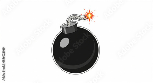 A classic round black bomb with a lit fuse, ready to explode, on a clean white background.