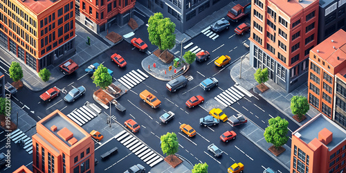 Isometric City Intersection with Traffic and Modern Urban Buildings