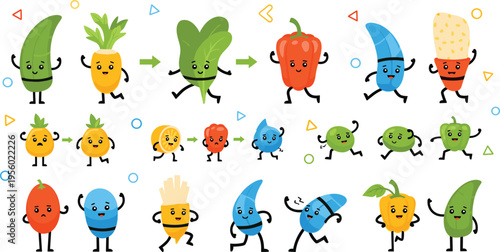 Cute fruit and vegetable characters evolution set with funny expressions and transformation stages cartoon vector illustration collection