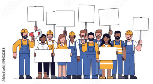 Diverse group of workers in labor union concept, holding signs in a flat 2D illustration with a strong and united mood against a clean white background.