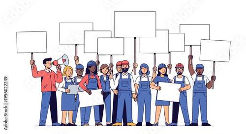 Flat 2D illustration of diverse workers in labor union concept, holding blank signs in a line against a clean white background.