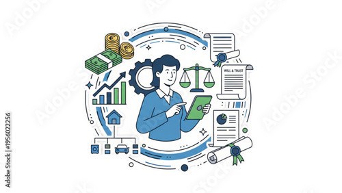 Vector illustration of a man with headphones listening to music in a city featuring business icons and social media network art for a web communication concept