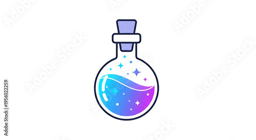 A magical potion bottle with sparkling blue and purple liquid and a cork stopper, featuring a flat design.