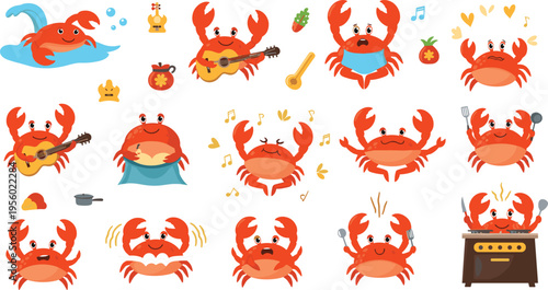 Cute crab cartoon characters set with funny emotions cooking music and beach sea life kawaii vector illustration collectionCute crab cartoon 