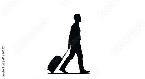 Silhouette of a man walking and pulling a suitcase