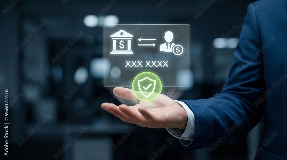 Fototapeta premium Executive showing glowing virtual financial transaction interface with cyber security shield