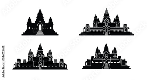 Set of angkor wat temple silhouettes, iconic cambodian landmark, vector illustration of ancient khmer architecture