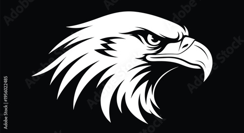 Vector illustration of an eagle head mascot, stylized bald eagle profile icon, aggressive bird of prey graphic element for sports team logo, emblem, or apparel design, black and white design