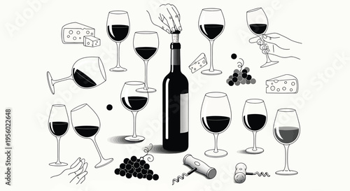 Wine set with glasses, bottle, corkscrew, grapes and cheese