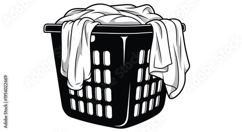 Laundry basket full of clothes, vector illustration of a plastic hamper with garments hanging over the edges, household chore concept