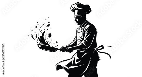 Chef cooking with a frying pan, dynamic food splashing, professional culinary art, black and white illustration